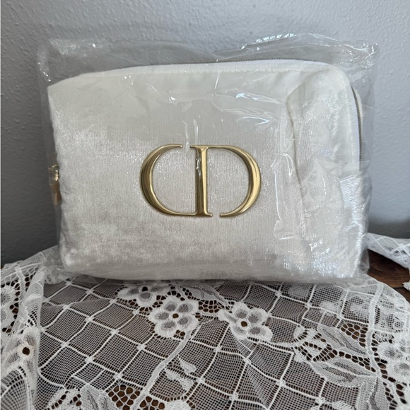 Dior Handbags - Dior White Velvet Cosmetic Bag with Gold Logo